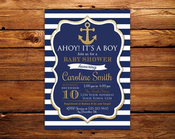 Nautical Baby Shower Invitation. Ahoy Its A Boy. Ahoy Its a Boy Baby Shower Invite. Navy Blue and Gold. Anchor and Stripes.