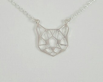 Geometric Cat Necklace, Cat Head, Cat Face, Origami Cat, Silver Cat Necklace, Origami Cat Face