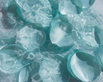 Beach Wedding Rose Petals, Whispering Blue Satin and Lace Petals, Flower Girl Petals, Cyan Blue Table Scatter Party Supply Petals Artificial