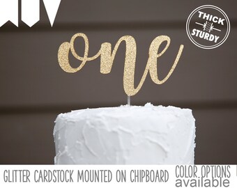 one cake topper, first birthday cake topper, Gold Glitter party decorations, cursive topper