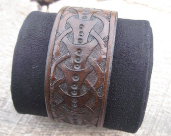 Mens Leather Cuff Bracelet Hand Tooled with a Viking/Norse design, custom made to order. Free shipping.