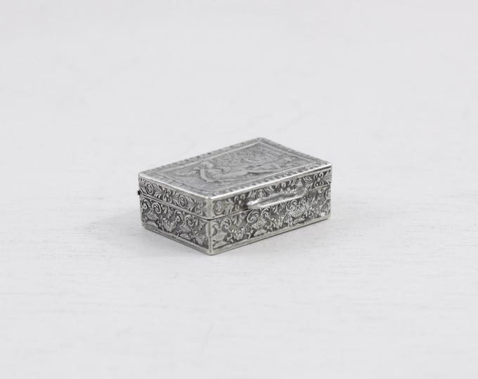 Italian silver pillbox, goddess Diana and her hounds, Greek deity themed pill box or snuff box, small silver, collectible silver trinket box