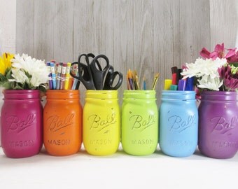Art Party-Painted Ball Mason Jars-Flower Vases- Bright Rainblow- Rustic/Wedding/Baby Shower/Centerpieces/Rainbow Loom/Birthday-Pink/Green