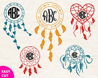 Dreamcatcher monogram svg cut files svg Circle frame download svg feather monogram border svg Cricut Round initial frame svg Silhouette dxf