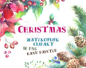 Watercolor Christmas Clipart, Christmas Wreath, Pine Wreath Clipart, Poinsettia Clipart, New Year decoration, Holly Clipart, greeting card