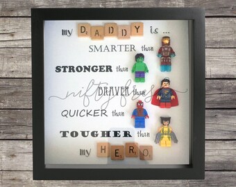 Framed Superhero Lego Compatible Minifigure Wall Display for Dad Mom Brother Sister Grandpa Grandma Daddy Father's Day Birthday Gift