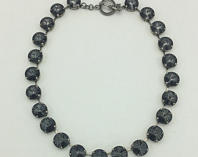 CAUTION all eye will be on you in this bold silver night Swarovski crystal 14mm rivoli antique silver collar necklace