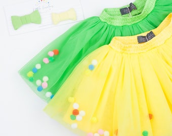 Green,Yellow,Tutu Skirt,Baby Girl Tutu Skirt,pom-poms,Tutu,First Birthday Tutu,Fluffy Tutu Skirt,Blush Skirt,Pettiskirt,Taffeta,Ballet skirt