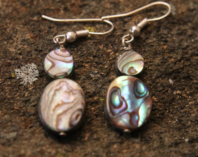 Abalone Paua Shell Earrings, Ocean Beach Jewelry, Light Weight Dangle and Drop Earrings, Natural Multi Color Beads, Colorful Iridescent