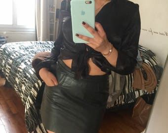 French vintage genuine leather skirt real leather authentic leather 90s black mini skirt made in france black leather skirt high waist skirt