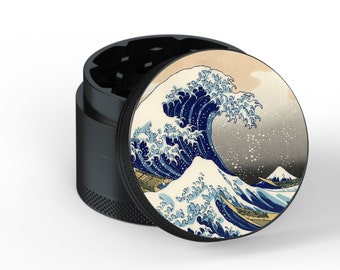 Herb Grinder Black KANAGAWA WAVE Uv Print 4 Pieces Cooking Accessory High Quality Friends Gift