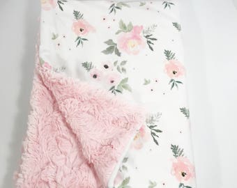 Minky Baby Blanket - Floral Baby Blanket - Blush Rose Blanket - Rose Baby Blanket - Watercolor Floral - Watercolor Roses - Pink Rose Blanket