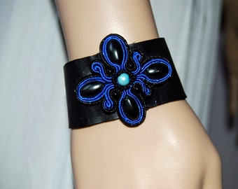 Black leather bracelet, bracelet with Soutache soutache, soutache bracelet, silver bracelet with flower, blue flower bracelet