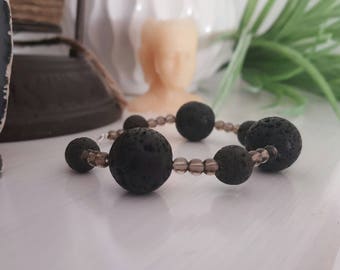 Lava and Smoky Quartz beaded Bracelet