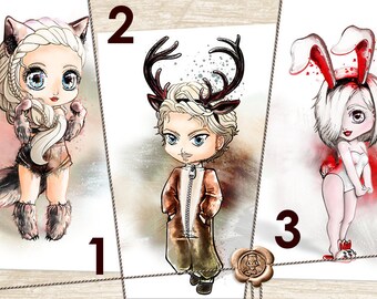 Chibi Art Prints | Wolf | Deer | Bunny - Manga Anime Style | wolfsgirl Ysindra | Deerboy Rego | Bunnygirl Rhella | DIN A 4 animal poster