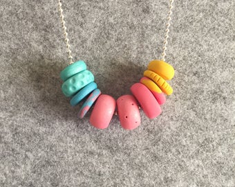 Handmade Necklace, Polymer Clay Necklace, Wooden Bead Necklace, Necklace, India Necklace, Teal Necklace, Pink Necklace, Mustard Necklace