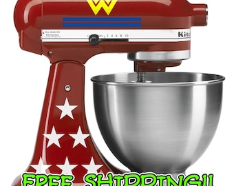 Wonder Woman KitchenAid stand mixer decal set. Deluxe edition with 2 logos, 12 stars and 4 stripes!