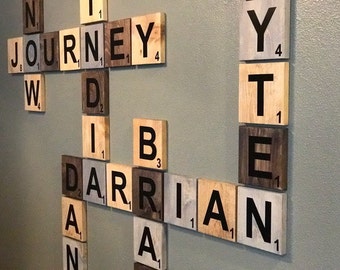Scrabble name wall art! Beautifully display family names and/or motivational words. Wedding fit, anniversary gift or even birthdays.