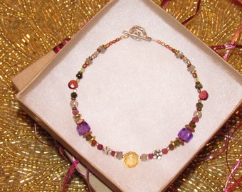 Citrine, Amethyst & Garnet Semi Precious Gemstone Beaded Bracelet- S