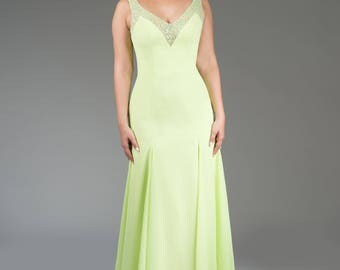 Chiffon evening gown with beaded neckline