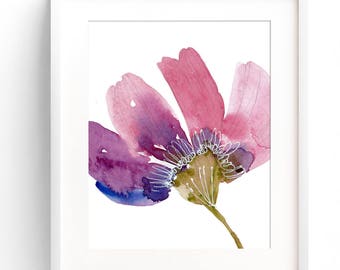 Watercolor print of flower, Abstract painting of large oversized flower head, Painting in pink and purple, wall art decor, Flower print,