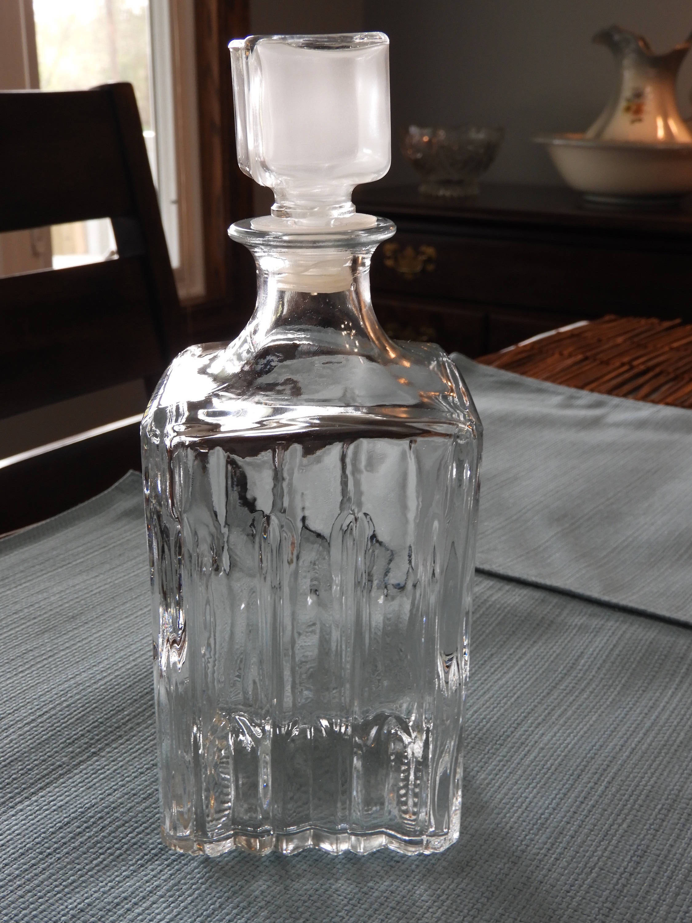 Vintage Square Italian Glass Decanter Bottle, Clear Ribbed Jar, Wine
