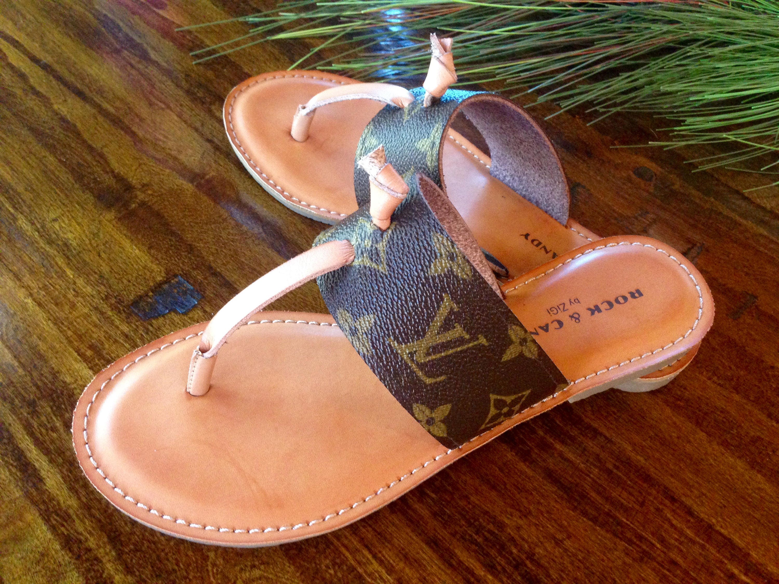 Handcrafted thong sandal fashioned with Repurposed Louis