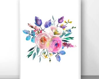 Flower poster purple, pink rose poster, peony poster, peony artwork, peony print, water color flowers, watercolor peony, peony bouquet,