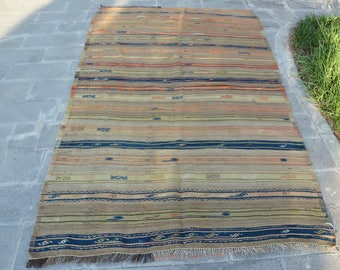 Antique Turkish Kilim Free Shipping Turkish Kilim Rug 4.2' x 7.1' Stripe Kilim Embroidered Kilim Boho Kilim Blue Kilim Pale Color Code 428