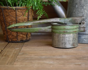 Vintage Potato Ricer, Green Handle, Primitive