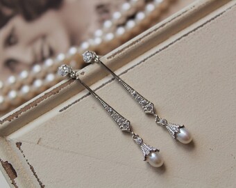 Art Deco Earrings , Vintage Style Crystal Pearl Earrings, Bridal Earrings, Wedding Earrings, Pearl Drop Earrings, Stud Earrings