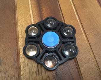 Custom Glass Fidget Spinner Toy EDC w/ ABEC-9 Bearing, 6 100% glass balls, Black Body Blue caps