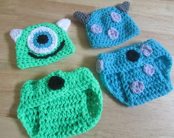 Hand Crochet Mike or Sully Monsters Inc Baby Photo Prop Set Sizes Preemie to 12 Months