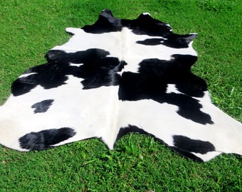 LARGE ! New cowhide rug natural hair on - UNIQUE !! huge big black white tones soft hair carpet - B2237