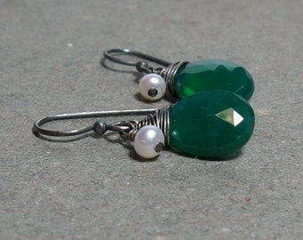 Green Onyx Earrings White Pearl June Birthstone Oxidized Sterling Silver Earrings Briolette Dangle