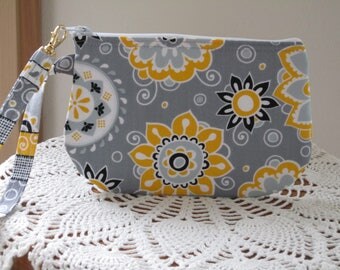 Wristlet Zipper Gadget Purse Pouch in Dots in Funky Flowers in Gray