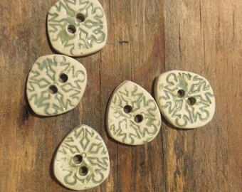 FREE SHIPPING Set of 5 Handmade Ceramic Buttons - Snowflakes