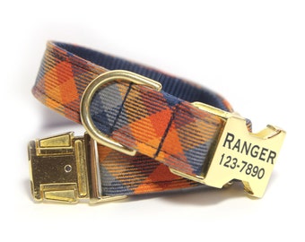Personalized Tartan Dog Collar, Personalized Dog Collar optional, Plaid Orange and Blue, The Ranger