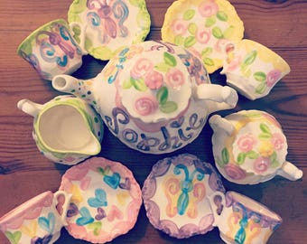 Personalized girls tea set // Butterfly Tea Party, Butterfly Little Girls China Tea Set, Handpainted, Custom, Personalized