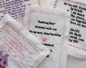 Custom Personalized Embroidered Quilt Label or Quilt Block Made to Order