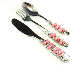 Appetizer Fork, Spoon, and Knife/Set of 3 Beaded Knife Fork and Spoon/Beaded Hors'dourve Utensils/