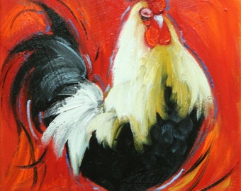 Rooster 853 12x12 inch animal portrait original oil painting by Roz