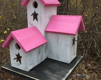 Primitive Country Condo Birdhouse White and Green Pink Three Nesting Boxes