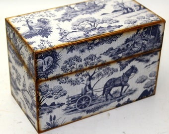 Wood Recipe Box Country Blue Toile Fits 4x6 Recipe Cards