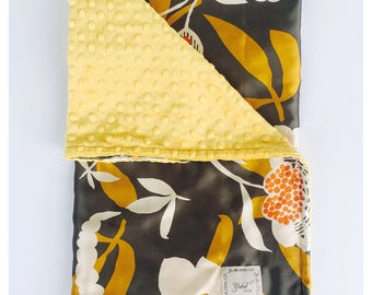 NEW BABY BLANKET / mossy gray nature satin print with mustard minky dimples / Beautiful and unique baby shower gift