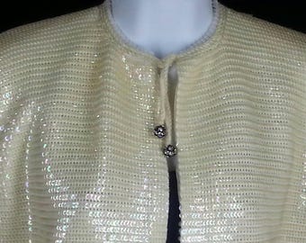 Vintage iridescent sequin cream sweater cardigan prong set crystal balls tie size medium chest 40in. 102mm