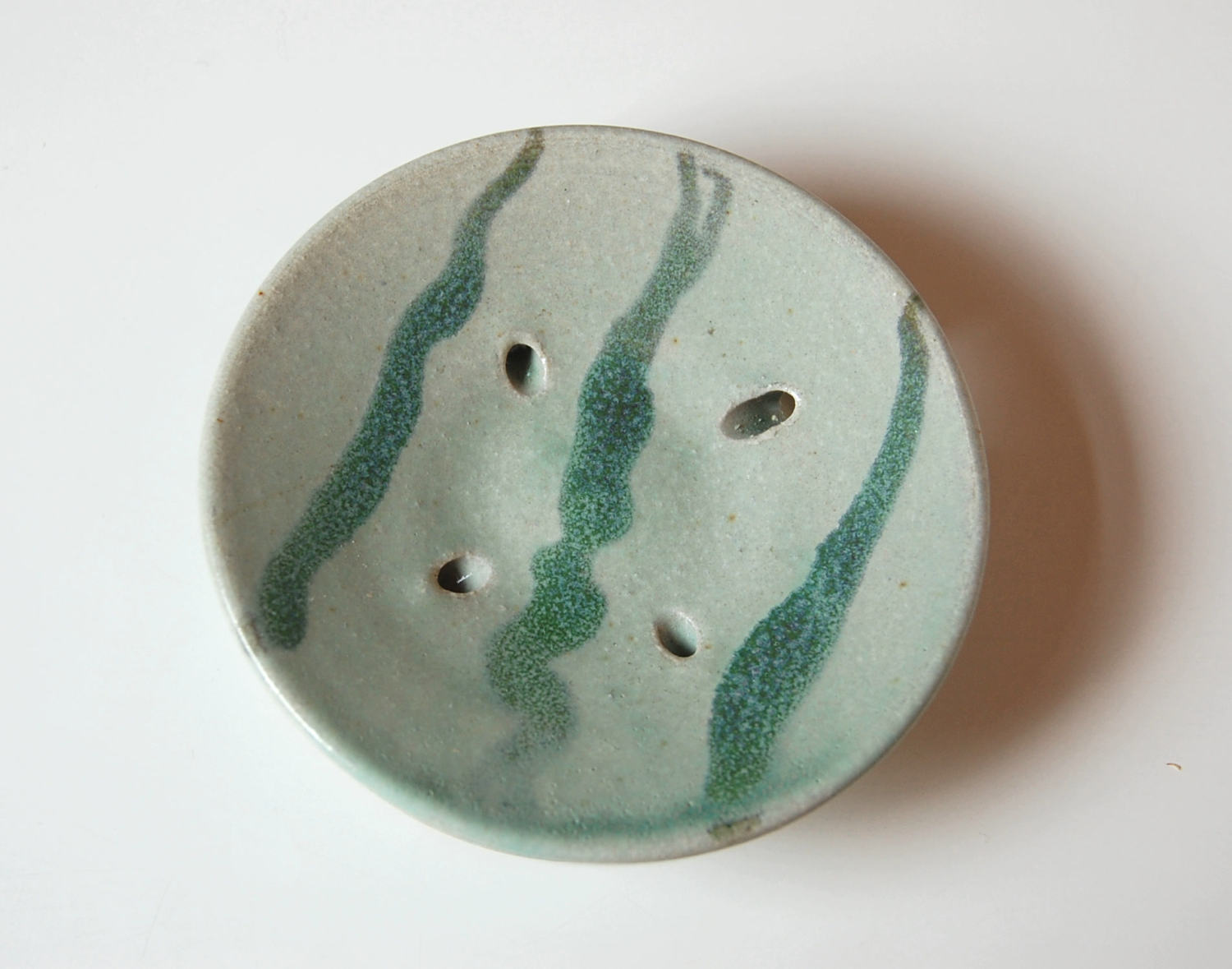 Soap Dish in Aqua with Dark Green Stripes Draining One Piece