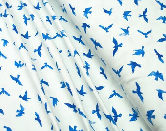 Jersey blue birds on white Cotton Jersey Knit Fabric 0.54yd (0,5m) 03327