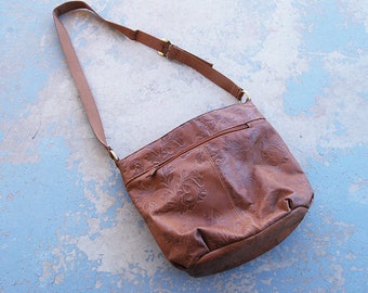 vintage 80s Purse - Boho Embossed Leather Bag - 1980s Hobo Bag Shoulder Bag