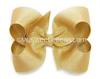 Gold Hair Bow, Metallic Gold Grosgrain Hair Bow for Girls, 4 inch Boutique Bow Special Occasion Metallic Bow 14K Gold Bow Baby Toddler Girls
